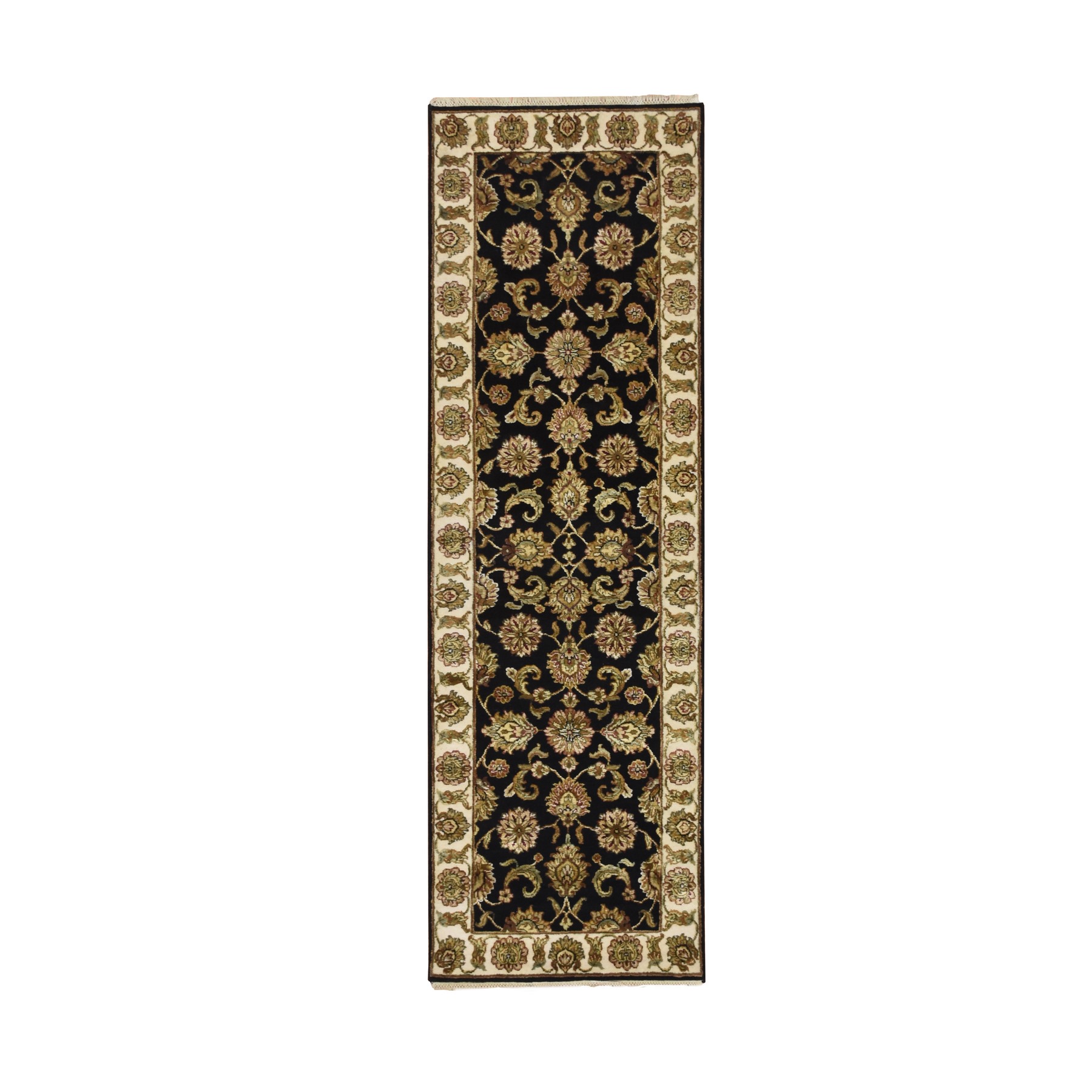 Jade Black, Rajasthan with All Over Leaf Design, Hand Knotted, Wool and Silk, Densely Woven, Thick and Plush, Runner, Oriental Rug